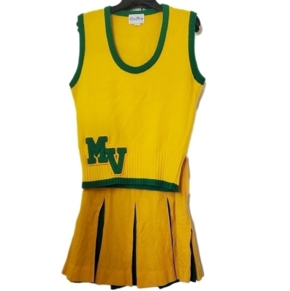 Vintage 50s Varsity Cheerleader Uniform Yellow and Green‎ Sweater, Pleated Skirt